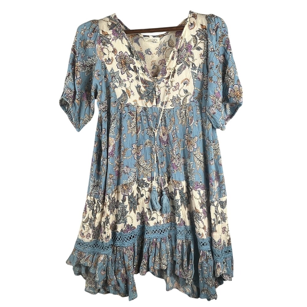 Anthology Tassel Dress Blue Floral 14 Boho Hi Low Peasant Cottagecore Festival